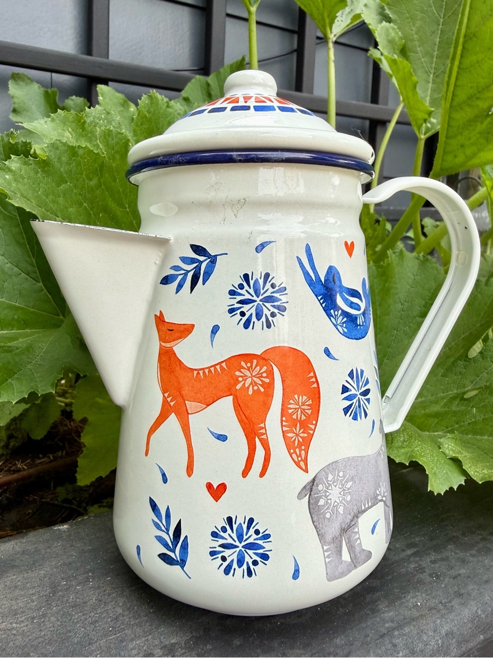 Vintage enamelware coffee pot - folk art animal design